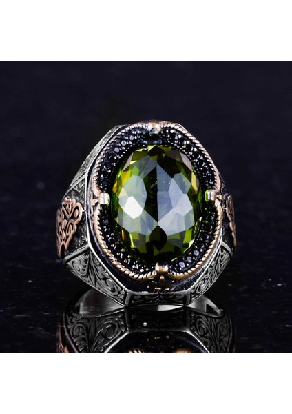 Peridot Taşlı Yüzük, 925 Ayar Gümüş Yüzük, Şık El Yapımı Gümüş Erkek Yüzüğü