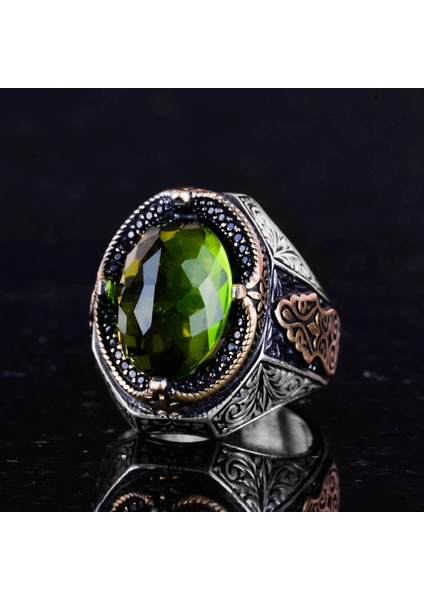 Peridot Taşlı Yüzük, 925 Ayar Gümüş Yüzük, Şık El Yapımı Gümüş Erkek Yüzüğü