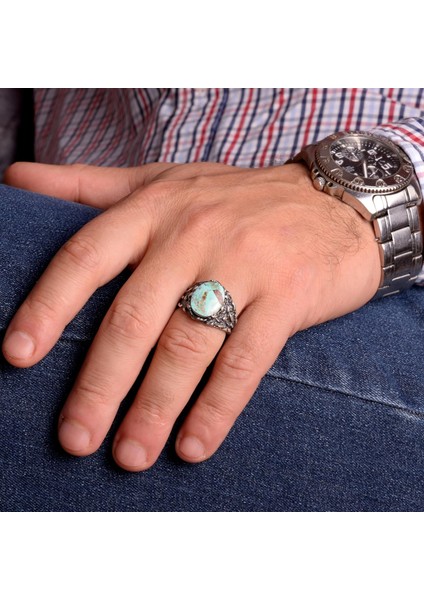 Doğal Arizona Turkuaz Taş Yüzüğü, Erkekler Için Hediye, 925 Ayar Gümüş Yüzük, Minimalist Yüzük (Stil-3) modelleri