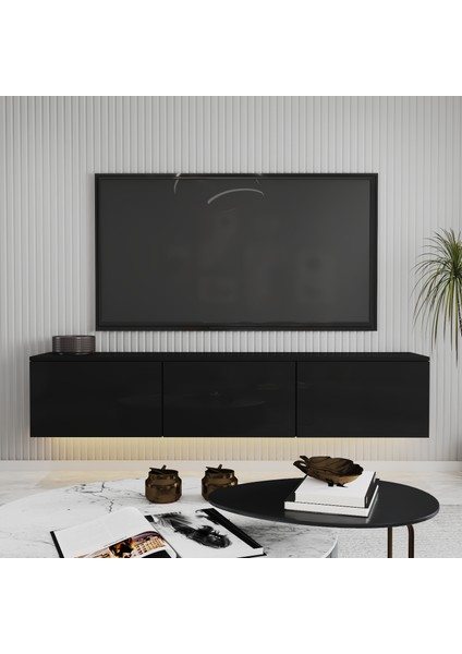 T0020 Alston 3 Kapaklı Duvara Monte Tv Ünitesi – LED Işıklı, Modern Tasarım, 160 cm