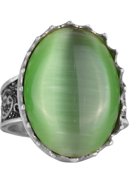 925 Ayar Gümüş Yüzük - Büyük Yüzük - Yapay Taş Gümüş Yüzük - El Yapımı Yüzük (Yapay Yeşil Kedi Gözü)
