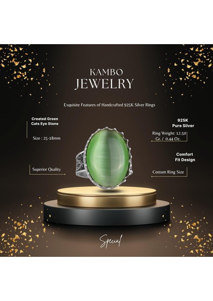925 Ayar Gümüş Yüzük - Büyük Yüzük - Yapay Taş Gümüş Yüzük - El Yapımı Yüzük (Yapay Yeşil Kedi Gözü) fiyatları