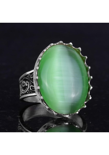 925 Ayar Gümüş Yüzük - Büyük Yüzük - Yapay Taş Gümüş Yüzük - El Yapımı Yüzük (Yapay Yeşil Kedi Gözü) indirimleri