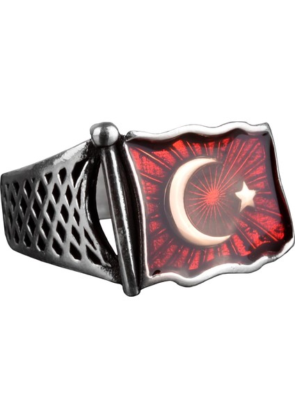 Ay Yıldız Bayrak Gümüş Erkek Yüzük, Türk Bayrağı Motifi Yüzük, 925 Ayar Gümüş Erkek Yüzük