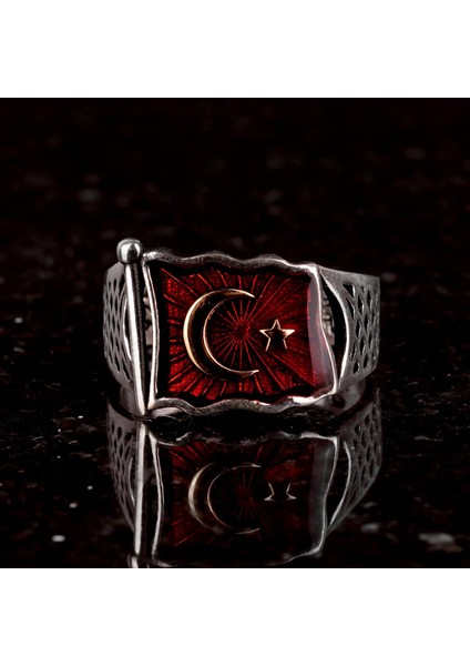 Ay Yıldız Bayrak Gümüş Erkek Yüzük, Türk Bayrağı Motifi Yüzük, 925 Ayar Gümüş Erkek Yüzük modelleri