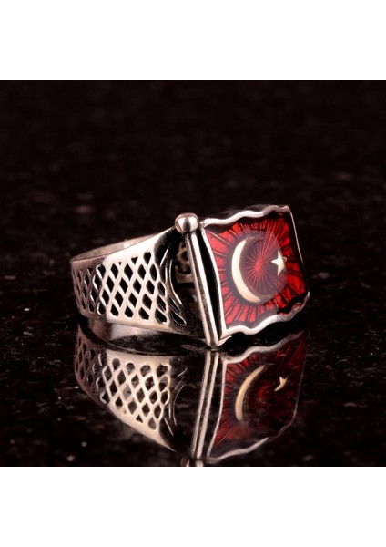 Ay Yıldız Bayrak Gümüş Erkek Yüzük, Türk Bayrağı Motifi Yüzük, 925 Ayar Gümüş Erkek Yüzük fırsatları
