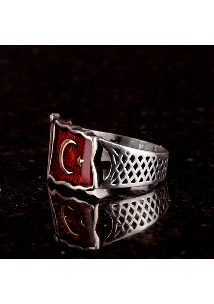 Ay Yıldız Bayrak Gümüş Erkek Yüzük, Türk Bayrağı Motifi Yüzük, 925 Ayar Gümüş Erkek Yüzük indirimleri