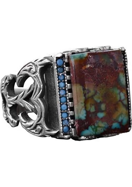 Doğal Arizona Turkuaz Taş Yüzük - Gümüş Yüzük - Özel Gümüş Yüzük (Stil-3)