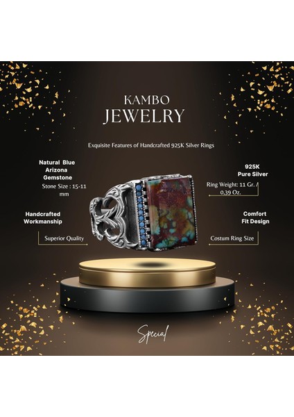 Doğal Arizona Turkuaz Taş Yüzük - Gümüş Yüzük - Özel Gümüş Yüzük (Stil-3) fiyatları