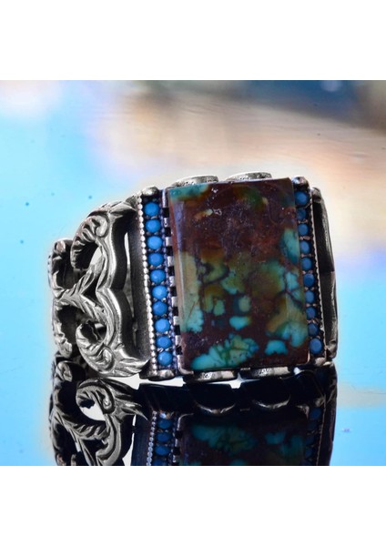 Doğal Arizona Turkuaz Taş Yüzük - Gümüş Yüzük - Özel Gümüş Yüzük (Stil-3) modelleri