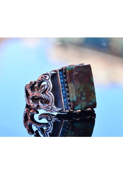 Doğal Arizona Turkuaz Taş Yüzük - Gümüş Yüzük - Özel Gümüş Yüzük (Stil-3) fırsatları