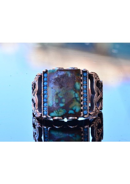 Doğal Arizona Turkuaz Taş Yüzük - Gümüş Yüzük - Özel Gümüş Yüzük (Stil-3) indirimleri