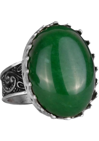 Doğal Taş Yüzük - 925 Ayar Gümüş Büyük Yüzük - El Yapımı Yüzük (Jade)