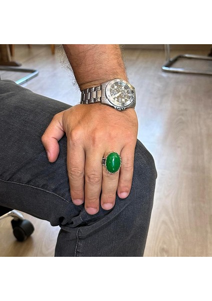 Doğal Taş Yüzük - 925 Ayar Gümüş Büyük Yüzük - El Yapımı Yüzük (Jade) modelleri