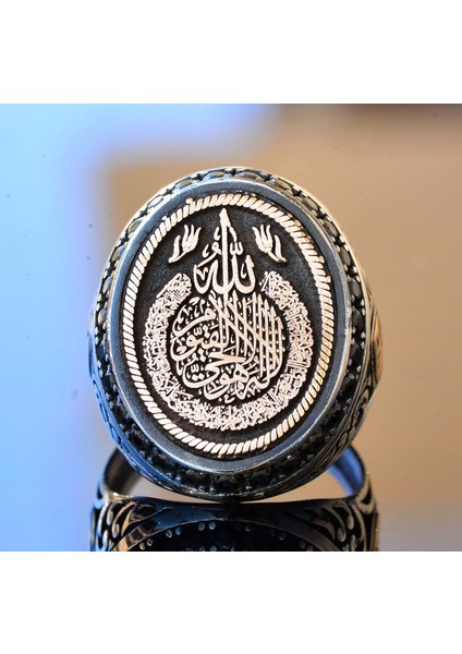 Ayetel Kürsi, Nazar Boncuğu Yazılı 925 Ayar Gümüş Yüzük, Islami Yüzük, Müslim Yüzük, FALCON074, Siyah modelleri