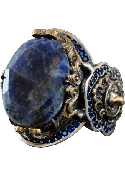 925 Ayar Gümüş Erkek Yüzük, Doğal Sodalit Taşı ve Aslan Tasarımı ile