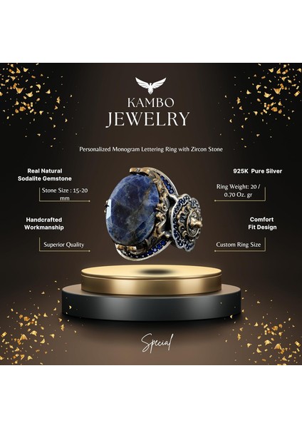 925 Ayar Gümüş Erkek Yüzük, Doğal Sodalit Taşı ve Aslan Tasarımı ile fiyatları