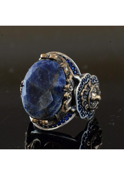 925 Ayar Gümüş Erkek Yüzük, Doğal Sodalit Taşı ve Aslan Tasarımı ile modelleri