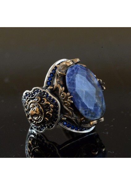 925 Ayar Gümüş Erkek Yüzük, Doğal Sodalit Taşı ve Aslan Tasarımı ile fırsatları