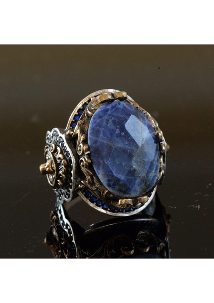 925 Ayar Gümüş Erkek Yüzük, Doğal Sodalit Taşı ve Aslan Tasarımı ile indirimleri