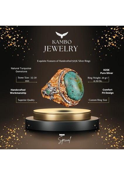 925 Ayar Gümüş Erkek Yüzük ile Doğal Arizona Turkuaz Taşı - Cesur ve Şık Tasarım, Günlük Kullanım ve Özel Etkinlikler Için Ideal (Stil-4) fiyatları