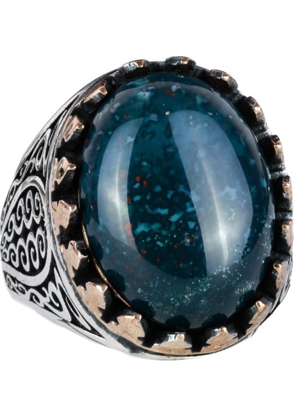 925 Ayar Katı Gümüş Erkek Yüzük - Doğal Yeşil Kan Taşı ile El Yapımı Şıklık