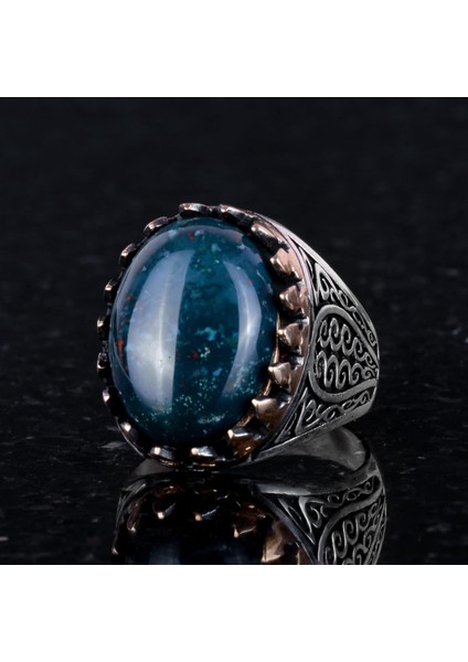 925 Ayar Katı Gümüş Erkek Yüzük - Doğal Yeşil Kan Taşı ile El Yapımı Şıklık modelleri