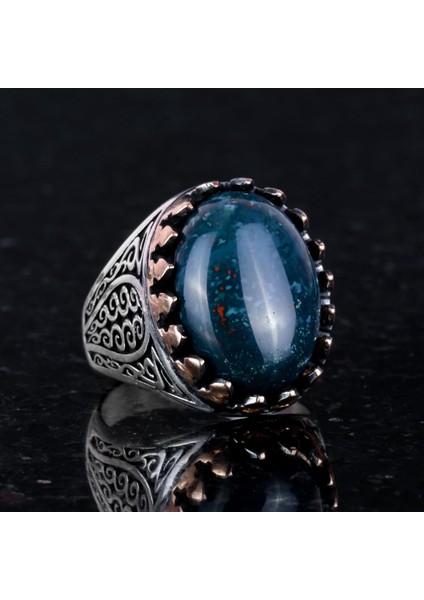 925 Ayar Katı Gümüş Erkek Yüzük - Doğal Yeşil Kan Taşı ile El Yapımı Şıklık fırsatları