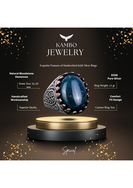 925 Ayar Katı Gümüş Erkek Yüzük - Doğal Yeşil Kan Taşı ile El Yapımı Şıklık indirimleri