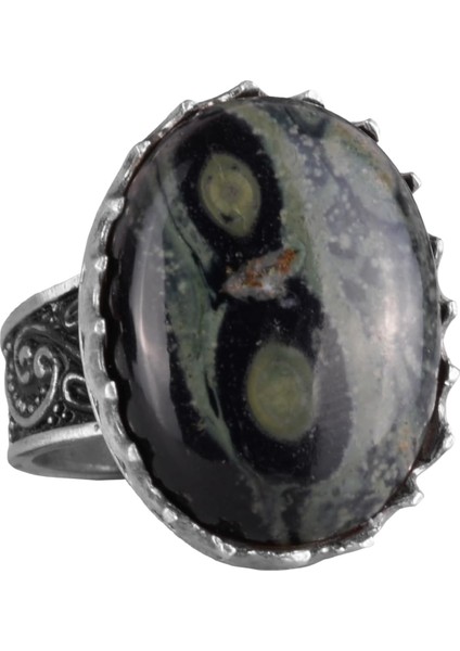 Doğal Taş Yüzük - 925 Ayar Gümüş Büyük Yüzük - El Yapımı Yüzük (Yeşil Göz)