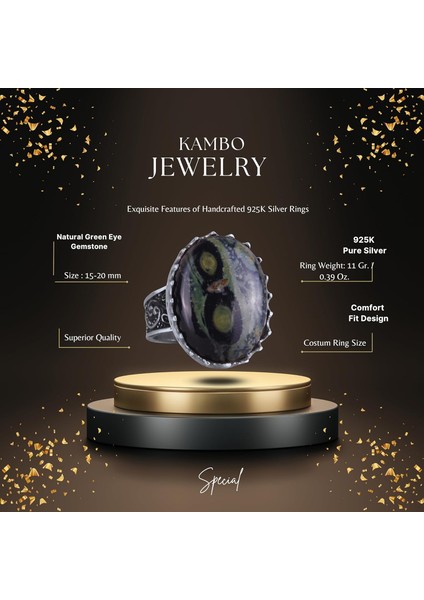 Doğal Taş Yüzük - 925 Ayar Gümüş Büyük Yüzük - El Yapımı Yüzük (Yeşil Göz) fiyatları
