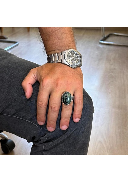 Doğal Taş Yüzük - 925 Ayar Gümüş Büyük Yüzük - El Yapımı Yüzük (Yeşil Göz) modelleri