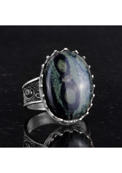 Doğal Taş Yüzük - 925 Ayar Gümüş Büyük Yüzük - El Yapımı Yüzük (Yeşil Göz) indirimleri