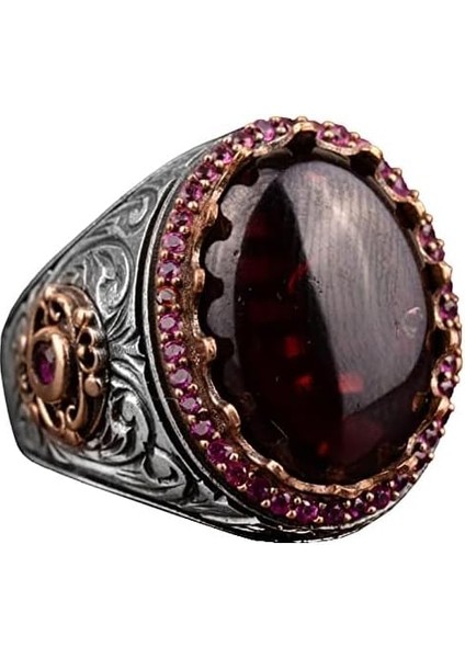 925 Ayar Gümüş Erkek Yüzük Doğal Granat Taşı - El Yapımı Ifadesel Yüzük