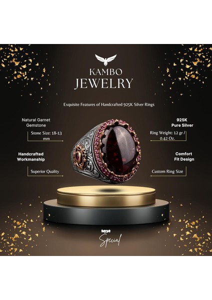 925 Ayar Gümüş Erkek Yüzük Doğal Granat Taşı - El Yapımı Ifadesel Yüzük fiyatları