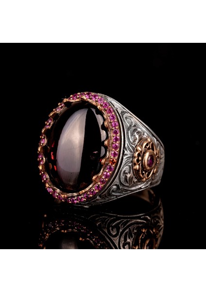 925 Ayar Gümüş Erkek Yüzük Doğal Granat Taşı - El Yapımı Ifadesel Yüzük fırsatları