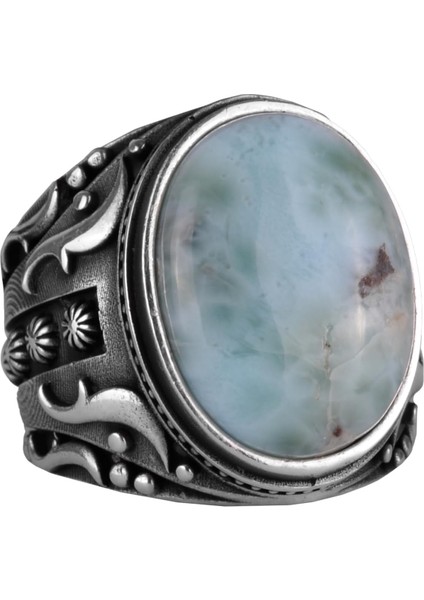 El Yapımı Doğal Larimar Taşlı Yüzük, 925K Katı Gümüş Erkek Yüzüğü, Okyanus Sakinliği Tasarımı