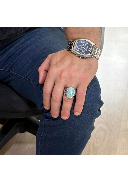 El Yapımı Doğal Larimar Taşlı Yüzük, 925K Katı Gümüş Erkek Yüzüğü, Okyanus Sakinliği Tasarımı modelleri