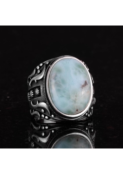 El Yapımı Doğal Larimar Taşlı Yüzük, 925K Katı Gümüş Erkek Yüzüğü, Okyanus Sakinliği Tasarımı indirimleri