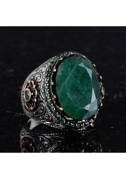 Doğal Taş Yüzük - 925 Ayar Gümüş El Yapımı Yüzük (Zümrüt) indirimleri