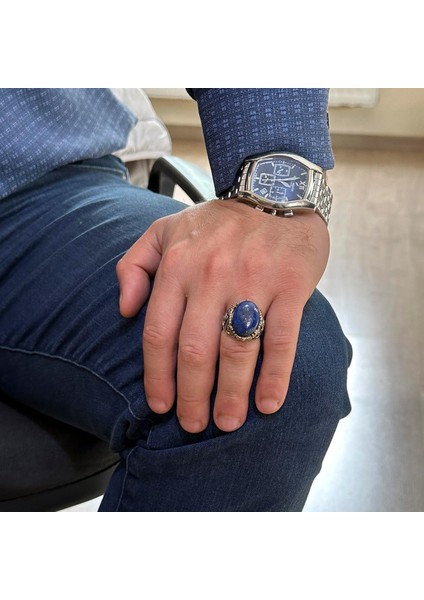 El Yapımı Lapis Lazuli Taş Yüzük, Yüzücü Halka Yüzük, 925K Sert Gümüş Erkek Yüzük - Bilgelik ve Tasarımı modelleri