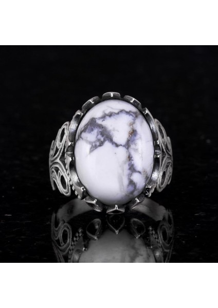 925 Ayar Katı Gümüş Erkek Yüzük, Doğal Taş Seçeneği - El Yapımı Tasarım (Howlite) fırsatları