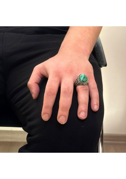 925 Ayar Katı Gümüş Erkek Yüzük, Doğal Malakit Taşlı Yüzük, Şifa Enerjisi Tasarımı modelleri
