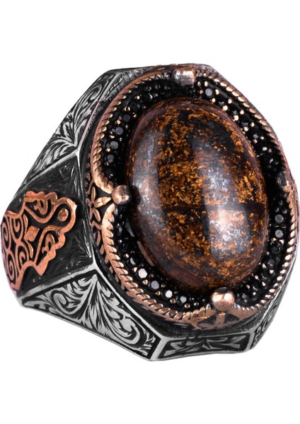 El Yapımı Doğal Bronzit Taş Yüzük - Cesur 925 Ayar Katı Gümüş Erkek Yüzüğü, Topraklama Gücü Tasarımı