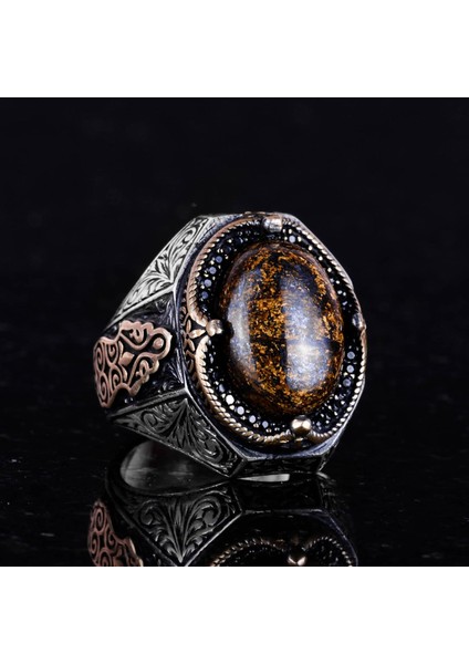 El Yapımı Doğal Bronzit Taş Yüzük - Cesur 925 Ayar Katı Gümüş Erkek Yüzüğü, Topraklama Gücü Tasarımı indirimleri