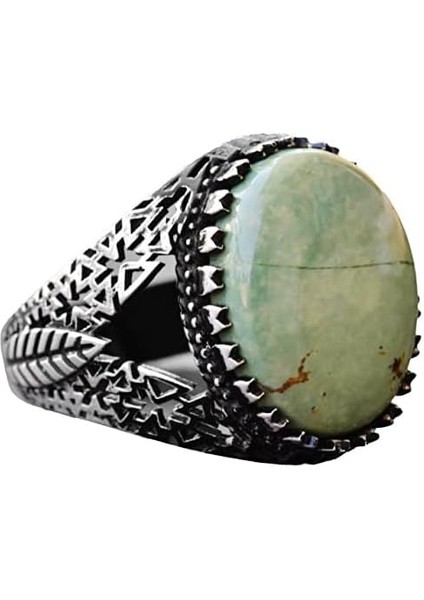 Doğal Turkuaz Taş Yüzük - Ayrıntılı Erkek Yüzüğü - 925 Ayar Gümüş Farklı Tasarım (Stil-4)