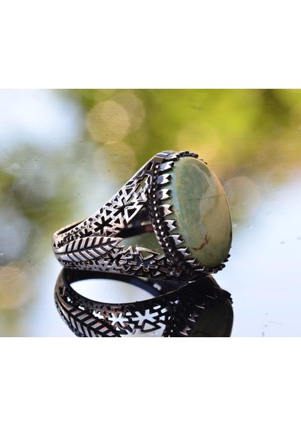 Doğal Turkuaz Taş Yüzük - Ayrıntılı Erkek Yüzüğü - 925 Ayar Gümüş Farklı Tasarım (Stil-4) fırsatları