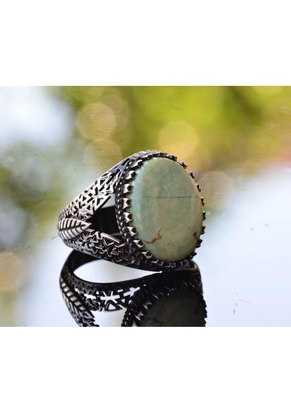 Doğal Turkuaz Taş Yüzük - Ayrıntılı Erkek Yüzüğü - 925 Ayar Gümüş Farklı Tasarım (Stil-4) indirimleri