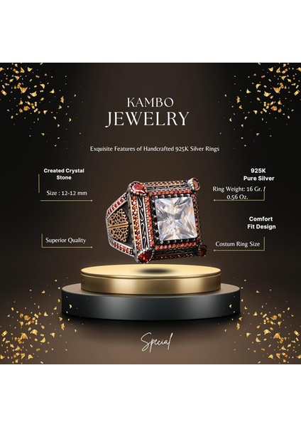 Sert Gümüş Erkek Yüzük - Yapay Kristal Taş - Vintage Tasarım fiyatları