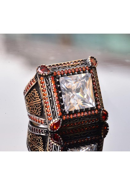 Sert Gümüş Erkek Yüzük - Yapay Kristal Taş - Vintage Tasarım modelleri